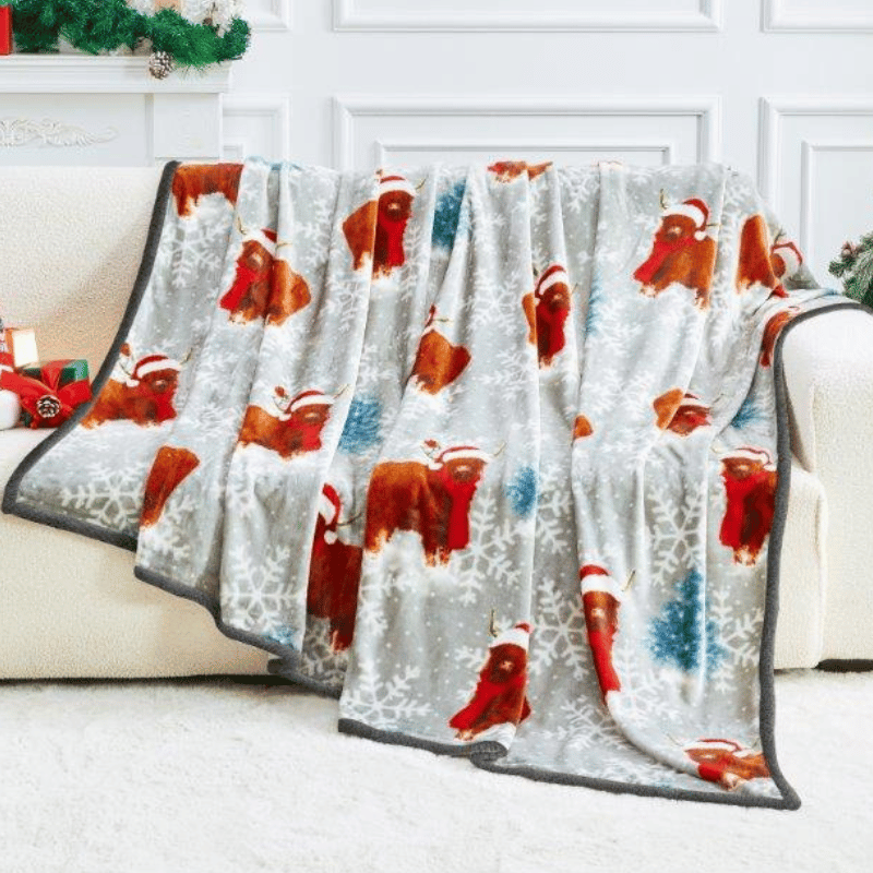 Christmas Flannel Luxury Sherpa Throw - Winter Highland Cow 150x230cm