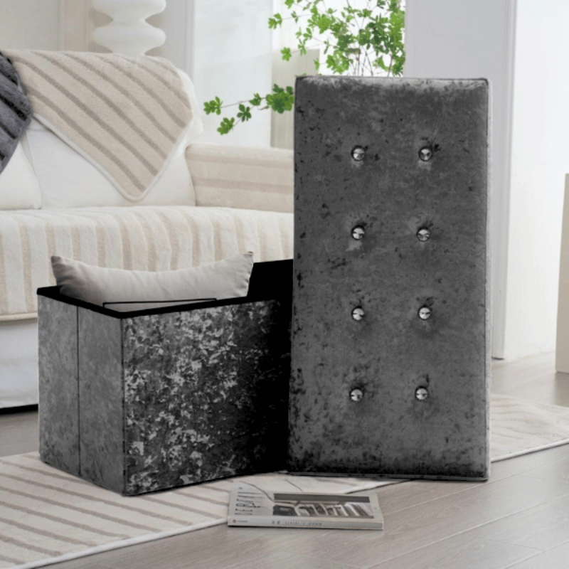 Velvet Cushioned Ottoman Storage With Jewel - Dark Silver