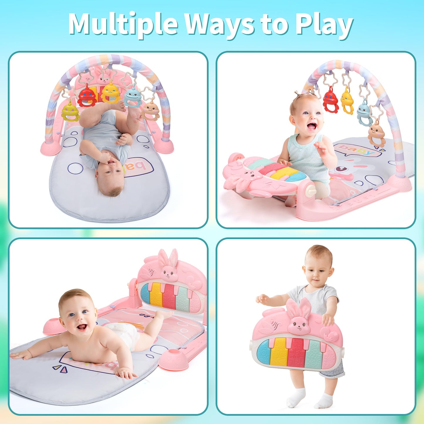 Baby Play Mat & Piano Gym with Sensory Toys, Music & Tummy Time Activity Centre - Pink