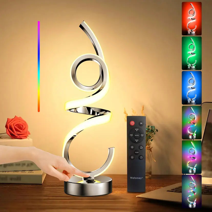 Modern Spiral RGB Table Lamp with Remote, Rechargeable LED Night Light, Dimmable Colour Changing Bedside Lamp