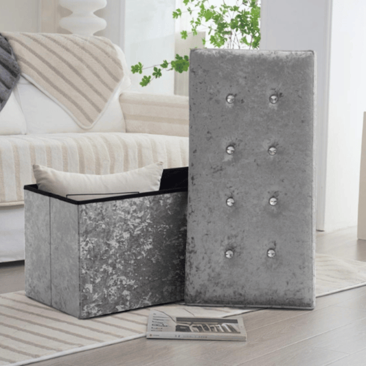 Velvet Cushioned Ottoman Storage With Jewel - Silver