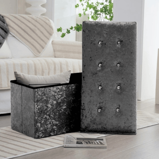 Velvet Cushioned Ottoman Storage With Jewel - Dark Silver