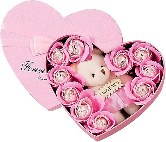 Artificial Rose Box Teddy Bear with Rose Gift Box Soap Flower