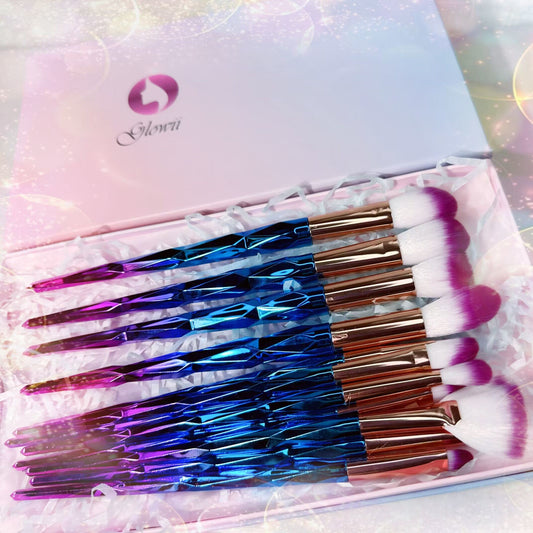 2pcs Unicorn Diamond Purple Hair Makeup Brush Set + Gift Box
