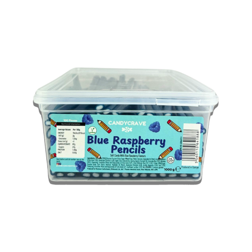 Candycrave Blue Raspberry Pencils Tub 100 Count Vegetarian and Halal suitable.