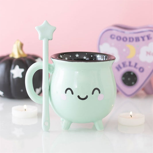 Mint Green Cauldron Mug with Wand Stirrer