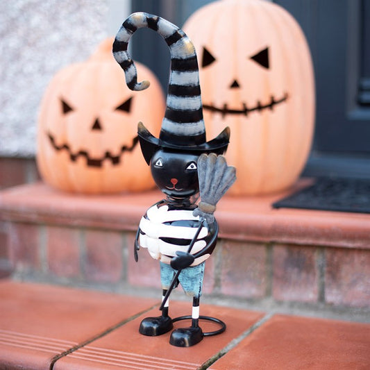 Metal Black Cat Ornament with Witch Hat