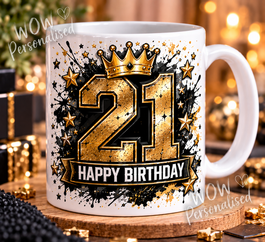 21st Birthday Mug | Black & Gold Crown Design | 11oz Ceramic Cup | Milestone Birthday Gift for Him or Her
