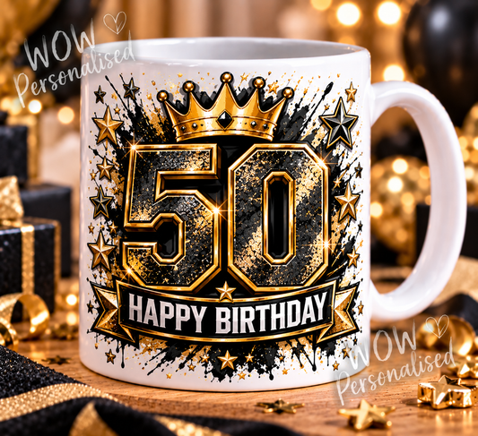 50th Birthday Mug for Him | Black & Gold Crown Design | 11oz Ceramic Cup | 50th Birthday Gift for Dad, Husband or Grandad