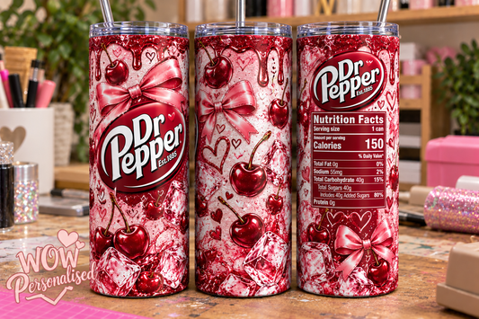 Cute Dr Pepper Inspired 20oz Skinny Tumbler | Pink Bows & Cherries Design