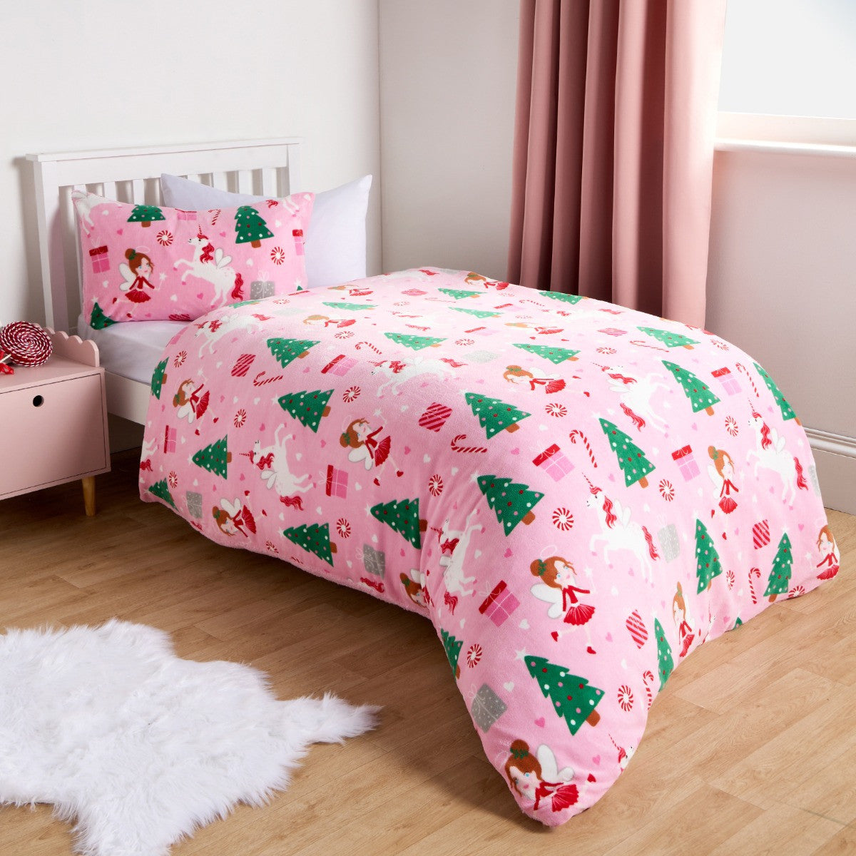 Christmas Unicorn Fleece Duvet Set, Pink - Single