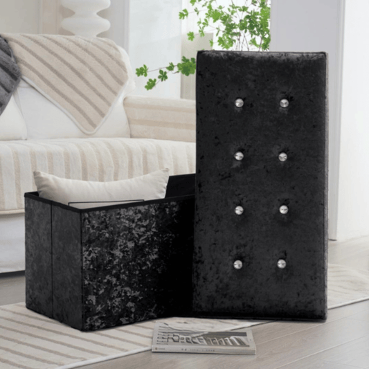 Velvet Cushioned Ottoman Storage With Jewel - Black