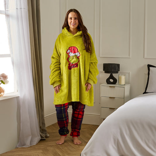 Adults Novelty Grinch Teddy Hoodie Blanket - Green